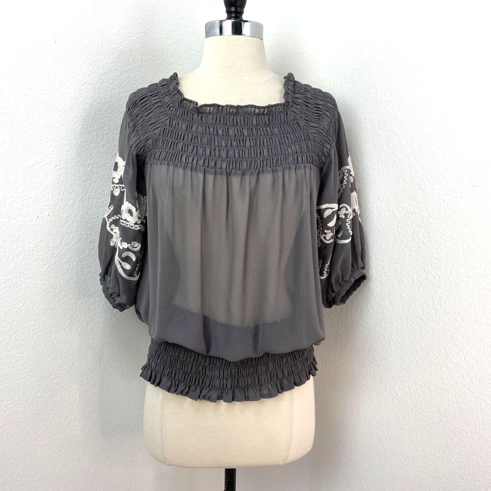 Twelve By Twelve Gray Sheer Embroidered Blouse XS Boho Fairy Whimsy Goth Peasant